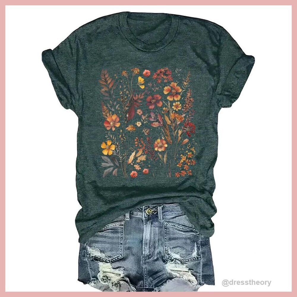 Vintage Floral Graphic Tee, Cotton Blend, Stretchy Fit, Casual Wear